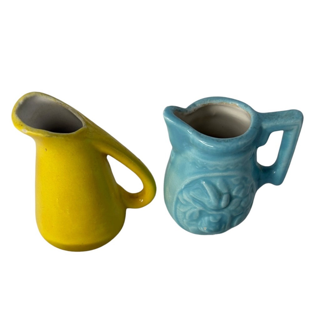 Vintage Mini Studio Pottery Pitchers Set AP KK Signed Yellow Blue 2.5" Pair